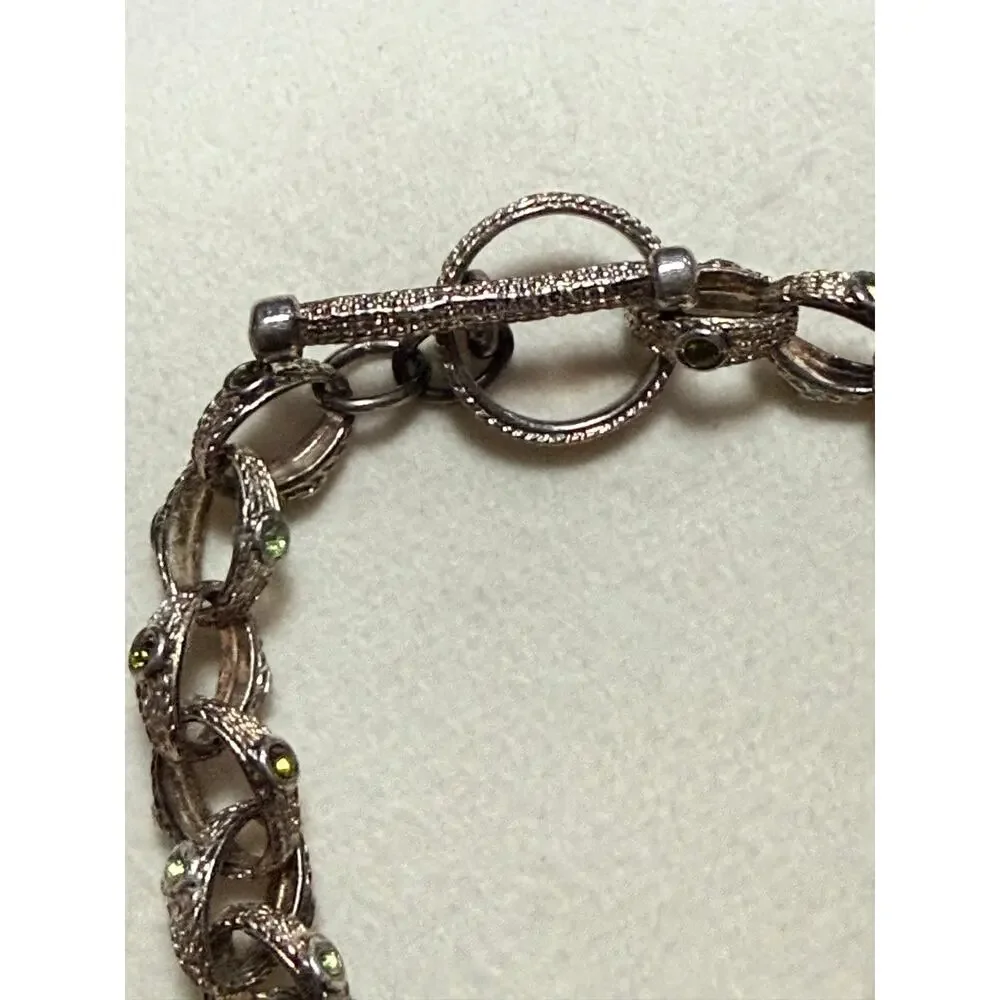 Vintage 1970s Brutalist Woodland Link Bracelet Green Rhinestones 8.5”